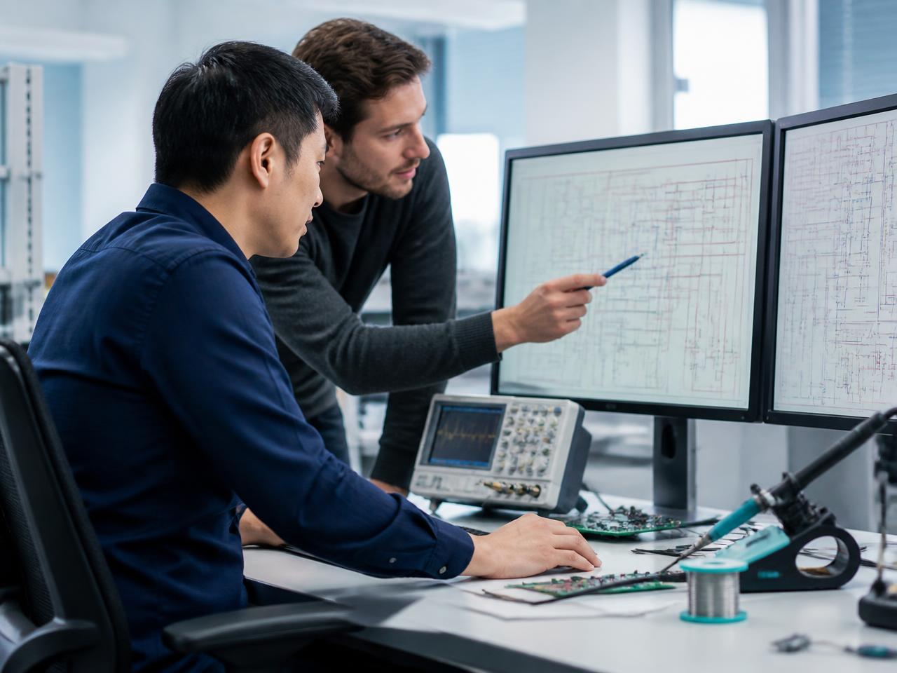 Hardware engineers reviewing a PCB schematic on monitors in an electronics laboratory