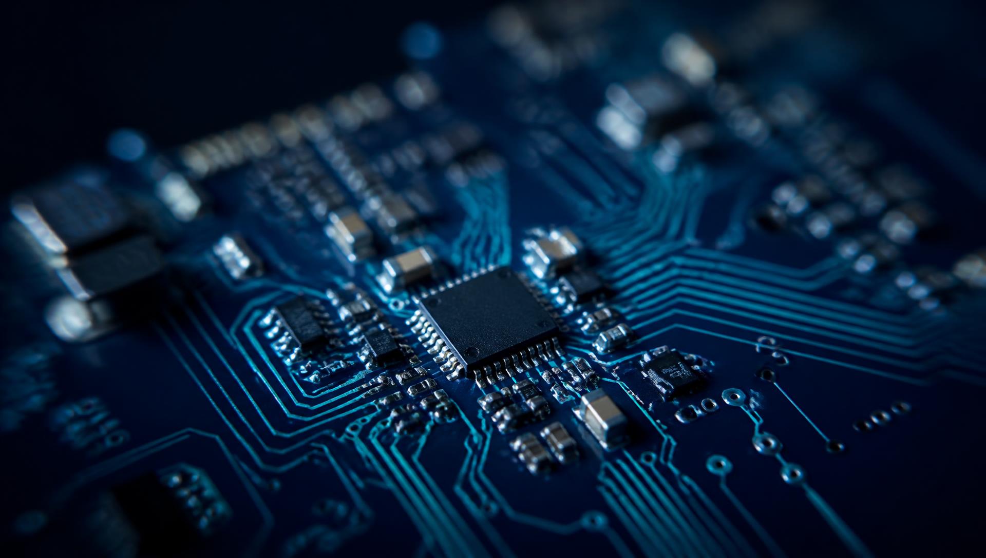 Close-up of a dense multilayer printed circuit board