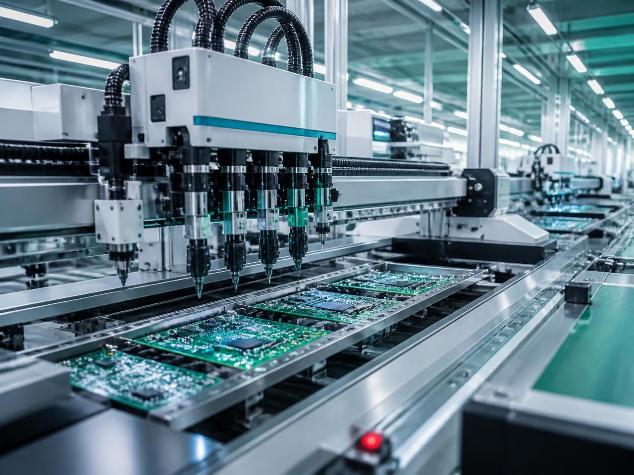 Automated surface-mount assembly line producing circuit boards