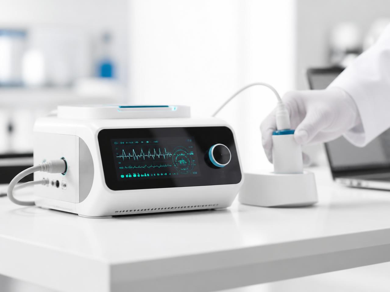 Medical monitoring device prototype with a blue display in a clinical setting